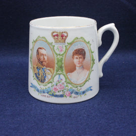 White mug with vintage royal portrait design on a blue background