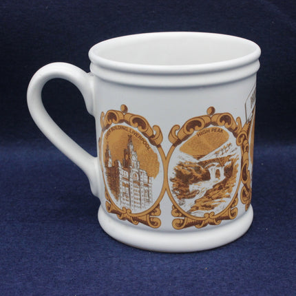 White mug with brown decorative patterns on a blue background