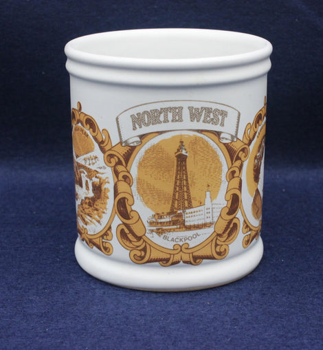 White mug with gold and brown design featuring Blackpool Tower on a blue background