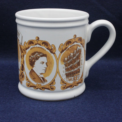 White mug with brown decorative elements featuring a portrait and building on a blue background