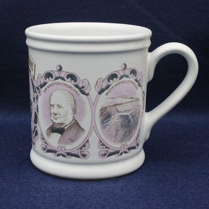 White mug with purple graphics of a man and landscape on a blue background