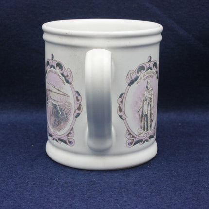 White mug with purple decorative elements on a blue background