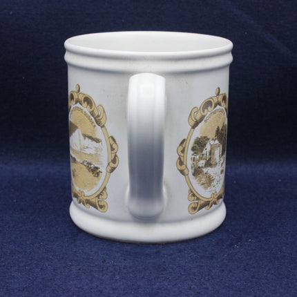 White mug with gold decorative elements on a blue background