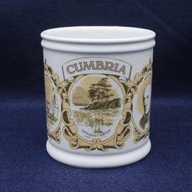 White mug with 'Cumbria' and 'Derwent water' design on a blue background
