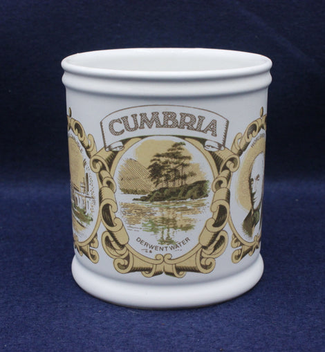 White mug with 'Cumbria' and 'Derwent water' design on a blue background