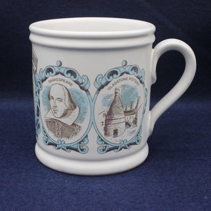 White mug with decorative elements including a portrait and building on a blue background
