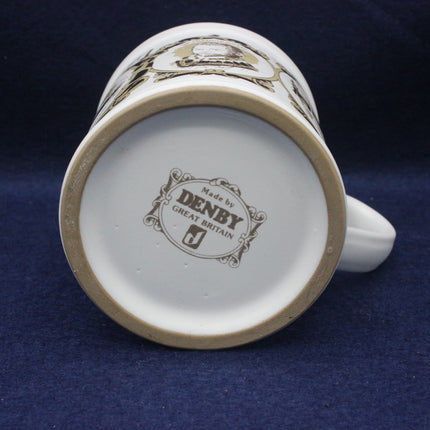 Denby mug with branding on a blue background