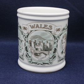 White mug with 'Wales' and a castle design on a blue background