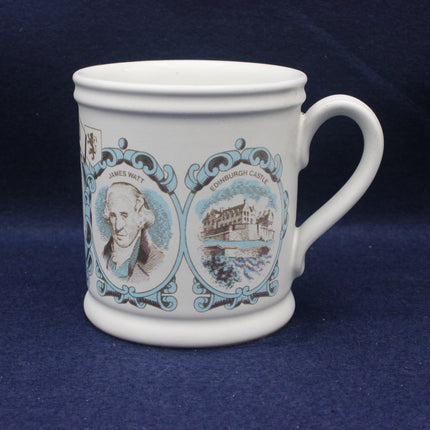 White mug with decorative elements on a blue background