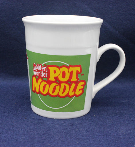 White mug with Golden Wonder Pot Noodle logo on a blue background