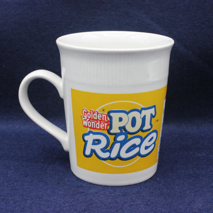 White mug with Golden Wonder Pot Rice logo on a blue background