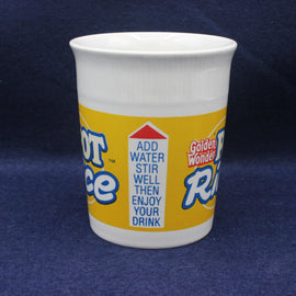 White cup with yellow label featuring Golden Wonder Rice on a blue background