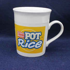 White mug with Golden Wonder Pot Rice logo on a blue background
