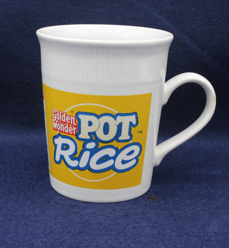 White mug with Golden Wonder Pot Rice logo on a blue background