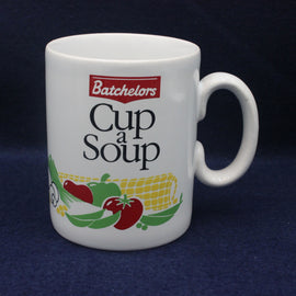 White mug with Batchelors Cup a Soup branding on a dark blue background