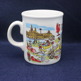 White mug with colorful illustrations of a cityscape and landmarks on a blue background