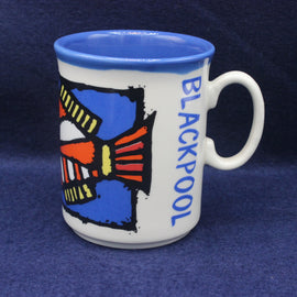 Mug with a colorful design and 'Blackpool' text on a blue background