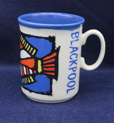 Mug with a colorful design and 'Blackpool' text on a blue background