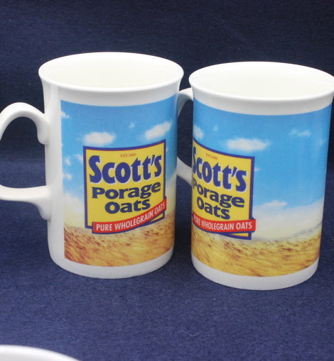 Two mugs with Scott's Porage Oats branding on a blue background