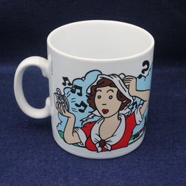 White mug with a colorful illustration of a character on a blue background