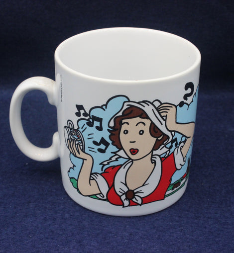 White mug with a colorful illustration of a character on a blue background