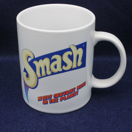 White mug with 'Smash' text on a dark blue background