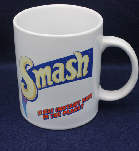 White mug with 'Smash' text on a dark blue background
