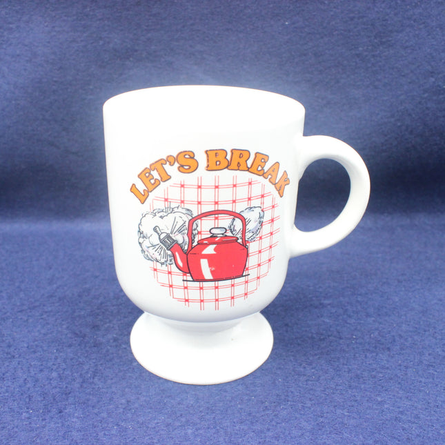 White mug with 'Let's Break' design featuring a red kettle and plaid pattern on a blue background