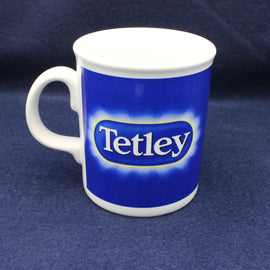 Tetley mug on a dark blue background