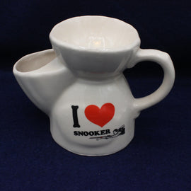 White tea pot with 'I ❤️ Snooker' design on a dark blue background