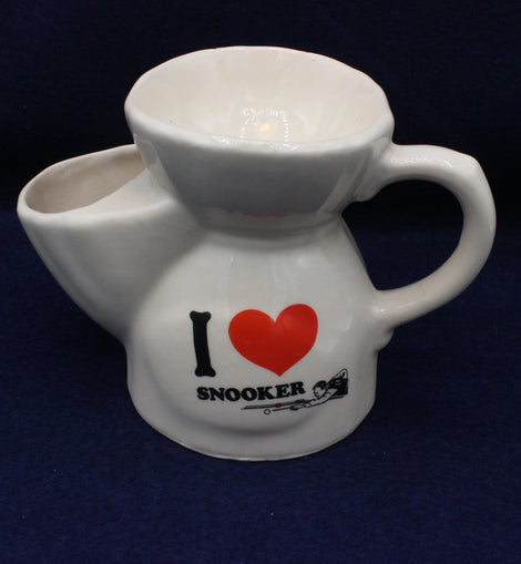 White tea pot with 'I ❤️ Snooker' design on a dark blue background