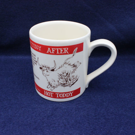White mug with red label featuring a bull illustration on a blue background