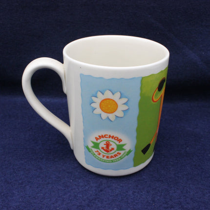 White Anchor Butter  mug with colorful design featuring a sunflower and text on a blue background