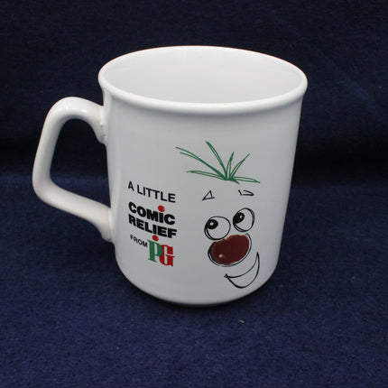 White mug with a cartoon character and text on a dark blue background