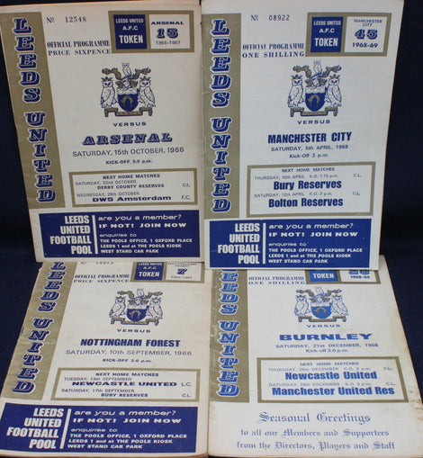 Collection of Leeds United football match programs from various matches.