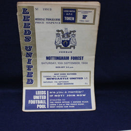 Vintage Leeds United football programme against Nottingham Forest on a dark background