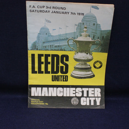 Vintage football match programme for Leeds United vs Manchester City in the FA Cup 3rd Round, 1978.
