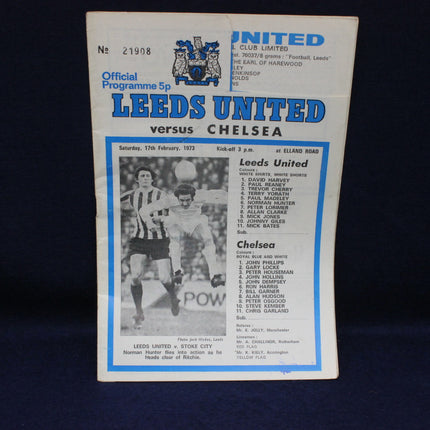 Vintage football match programme for Leeds United vs Chelsea on a dark background