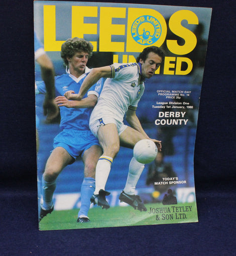 Soccer match program featuring Leeds United and Derby County on a blue background