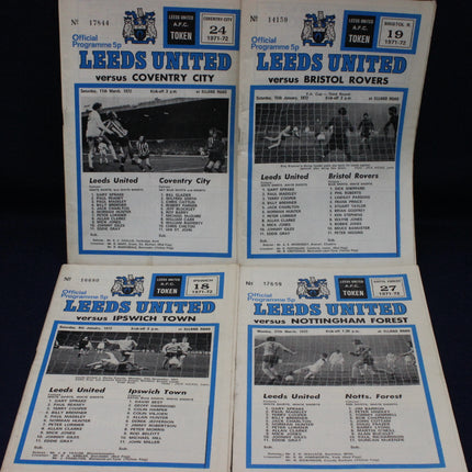 Four Leeds United football match programs from different matches against Coventry City, Bristol Rovers, Ipswich Town, and Nottingham Forest.