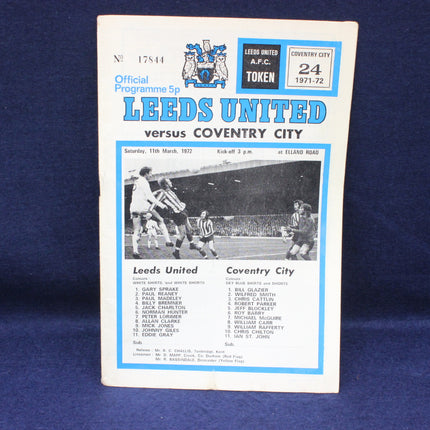 Football match programme between Leeds United and Coventry City on a blue background