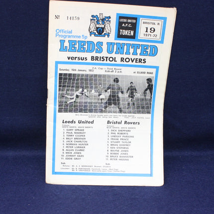 Vintage football match programme for Leeds United vs Bristol Rovers on a blue background