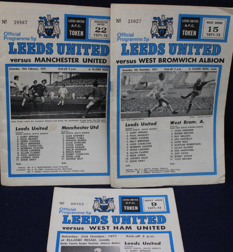 Three Leeds United football match programmes from 1971 against Manchester United, West Bromwich Albion, and West Ham United.