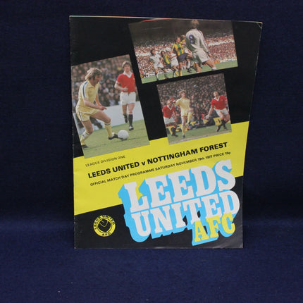 Soccer match program for Leeds United vs Nottingham Forest on a dark background