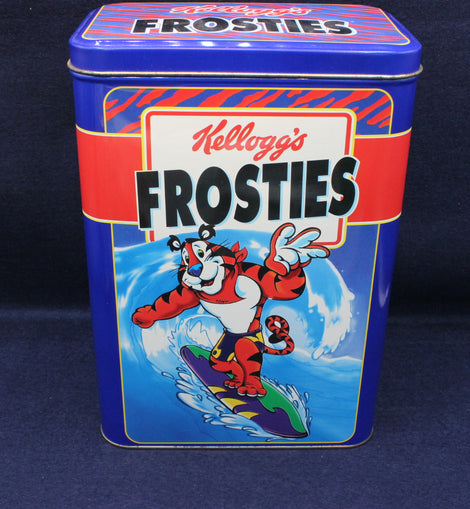 Kellogg's Frosties cereal tin with a cartoon tiger character on a blue background