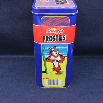 Vintage Kellogg's Frosties cereal tin with a cartoon tiger character on a blue background