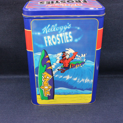 Vintage Kellogg's Frosties cereal tin with a cartoon character on a blue background