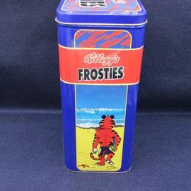 Vintage Kellogg's Frosties cereal tin with a tiger design on a blue background