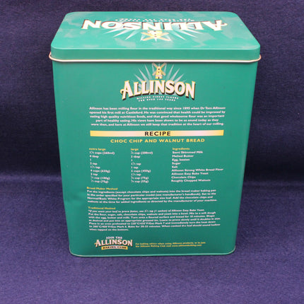 Green Allinson baking tin with recipe details on a purple background