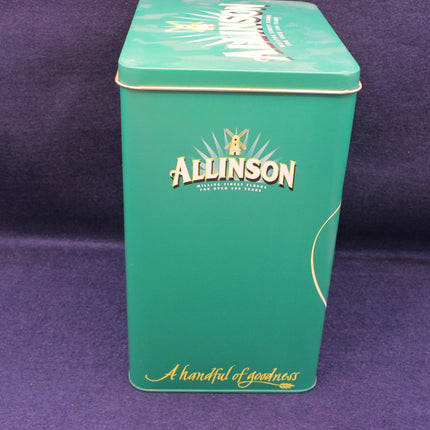 Green Allinson tin on a purple background